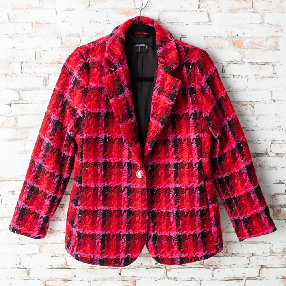 Tahari Petite Blazer Women's Notch Lapel Red Black Pink Plaid Blazer - Picture 2 of 10